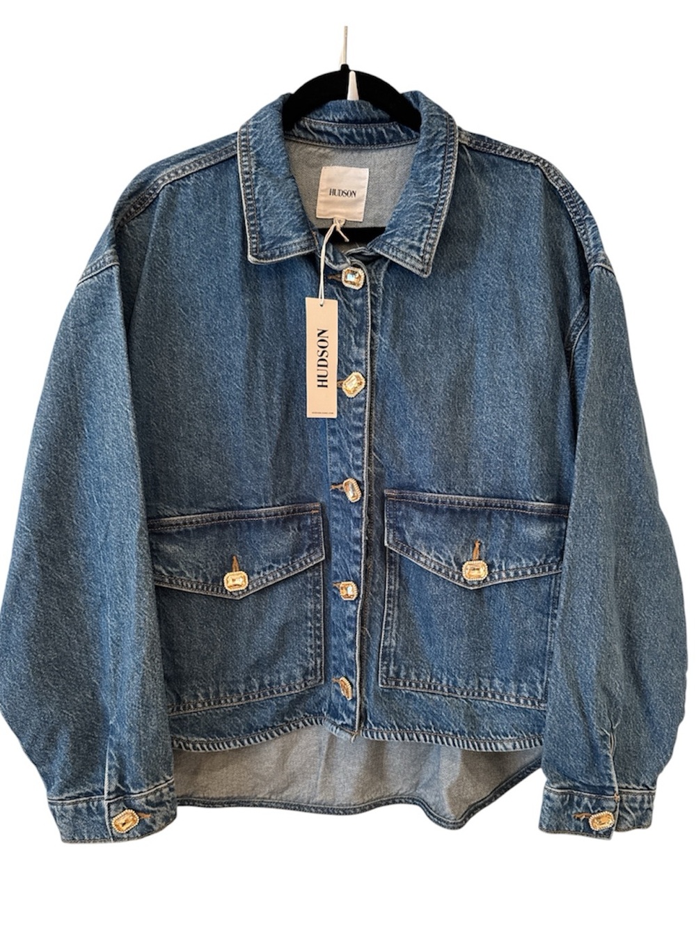 ⭐️NWT⭐️Hudson Jeans Vintage Blue Denim  Jacket with Bejeweled Buttons. Size XL
